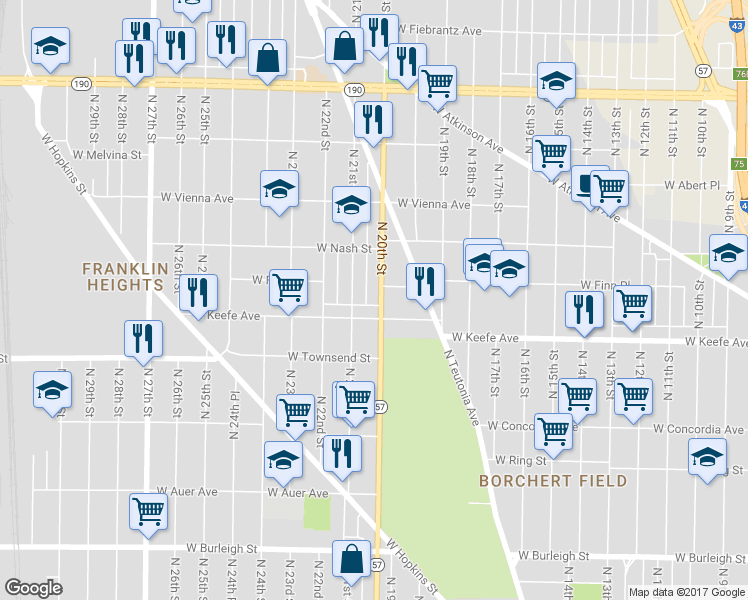 map of restaurants, bars, coffee shops, grocery stores, and more near 3525 North 20th Street in Milwaukee