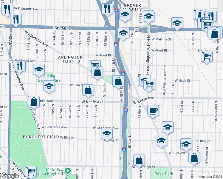 map of restaurants, bars, coffee shops, grocery stores, and more near 3559 North 9th Street in Milwaukee