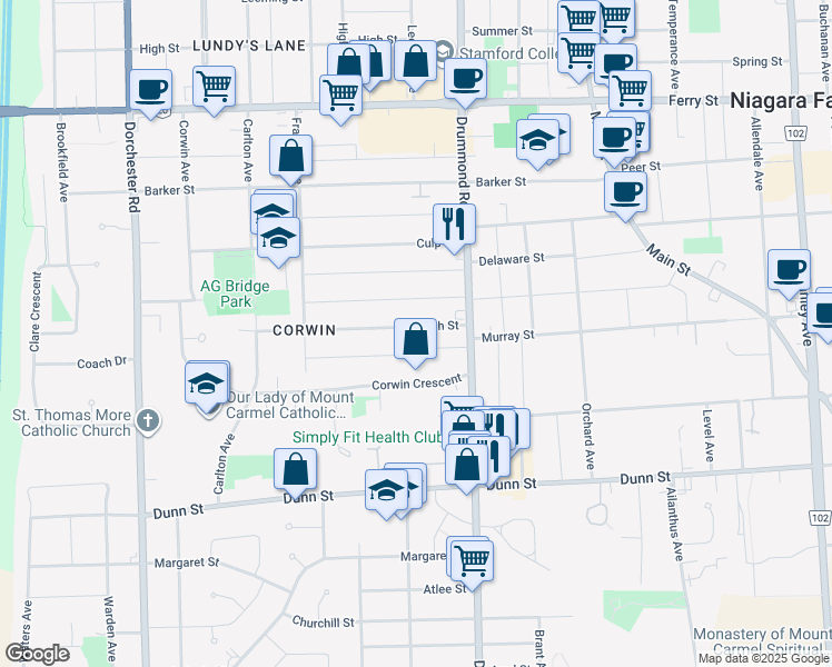 map of restaurants, bars, coffee shops, grocery stores, and more near 6318 Ash Street in Niagara Falls