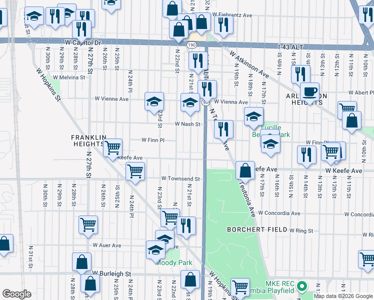 map of restaurants, bars, coffee shops, grocery stores, and more near 3525 North 21st Street in Milwaukee