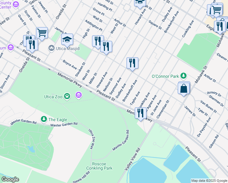 map of restaurants, bars, coffee shops, grocery stores, and more near 1683 Seymour Avenue in Utica