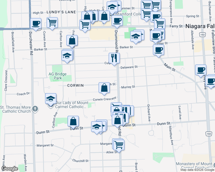 map of restaurants, bars, coffee shops, grocery stores, and more near 6294 Ash Street in Niagara Falls