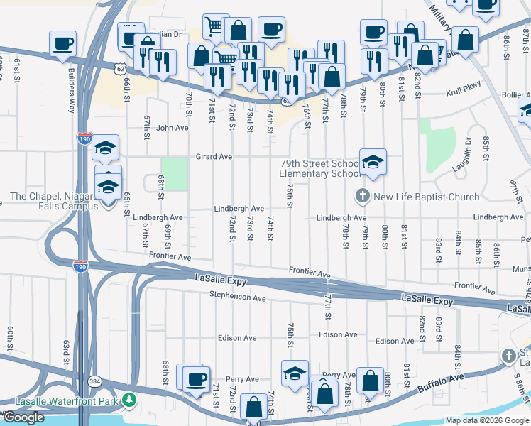 map of restaurants, bars, coffee shops, grocery stores, and more near 486 74th Street in Niagara Falls