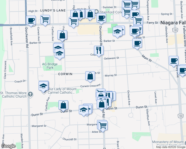 map of restaurants, bars, coffee shops, grocery stores, and more near 6294 Ash Street in Niagara Falls