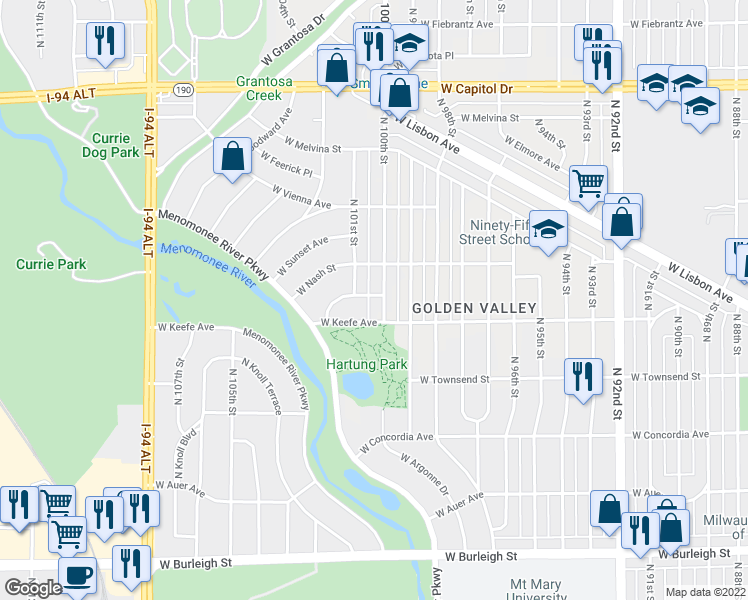 map of restaurants, bars, coffee shops, grocery stores, and more near 10009 West Highwood Avenue in Milwaukee