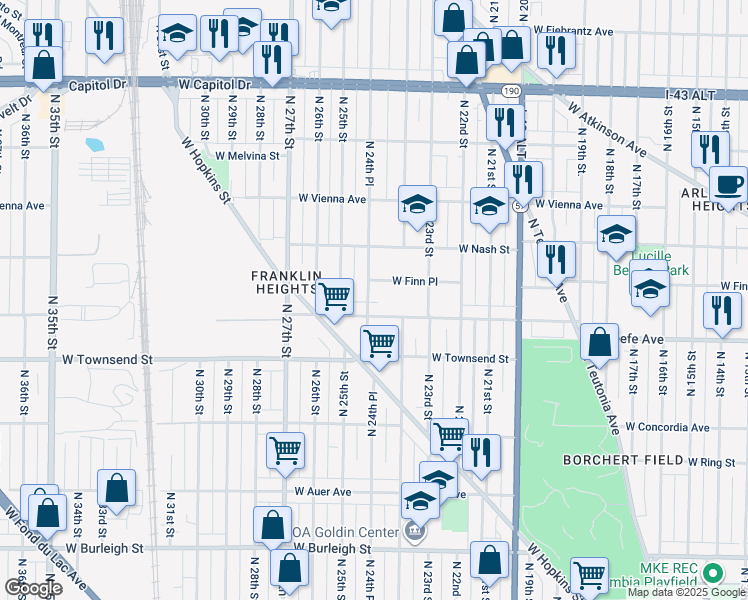 map of restaurants, bars, coffee shops, grocery stores, and more near 3520 N 24th Pl in Milwaukee
