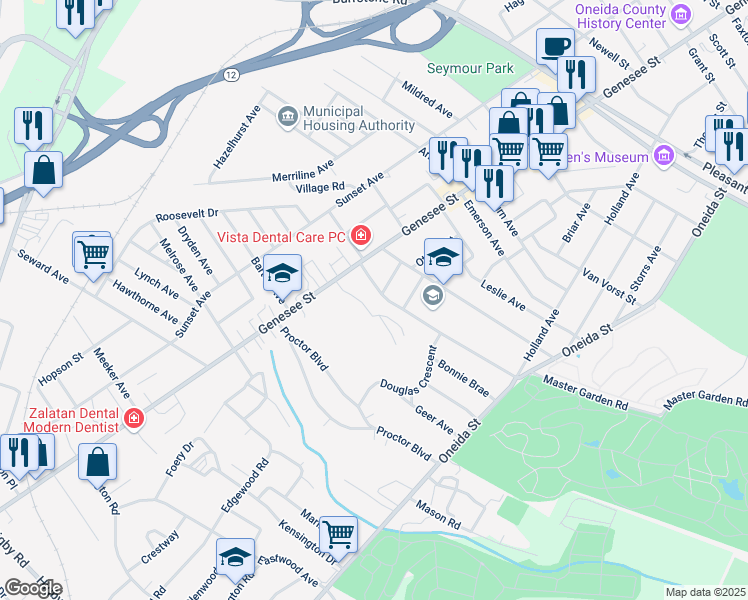 map of restaurants, bars, coffee shops, grocery stores, and more near 6 Ballantyne Brae in Utica