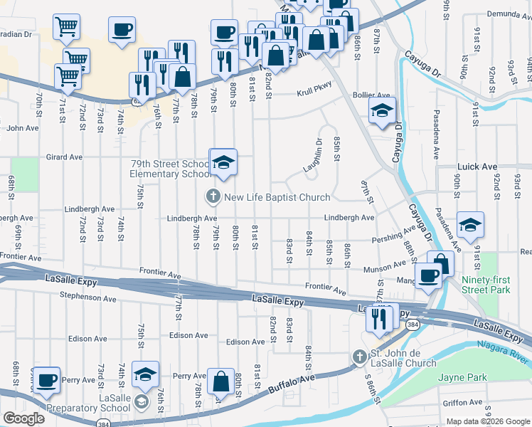map of restaurants, bars, coffee shops, grocery stores, and more near 8116 Lindbergh Avenue in Niagara Falls