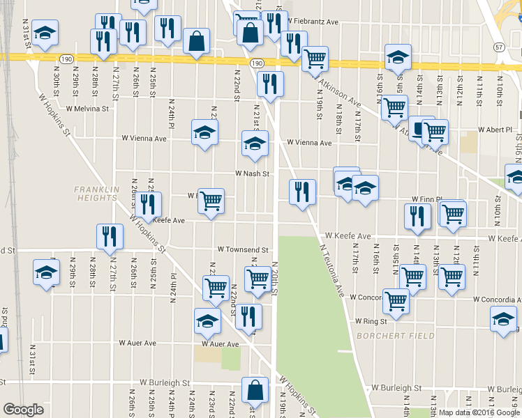 map of restaurants, bars, coffee shops, grocery stores, and more near 3525 North 20th Street in Milwaukee