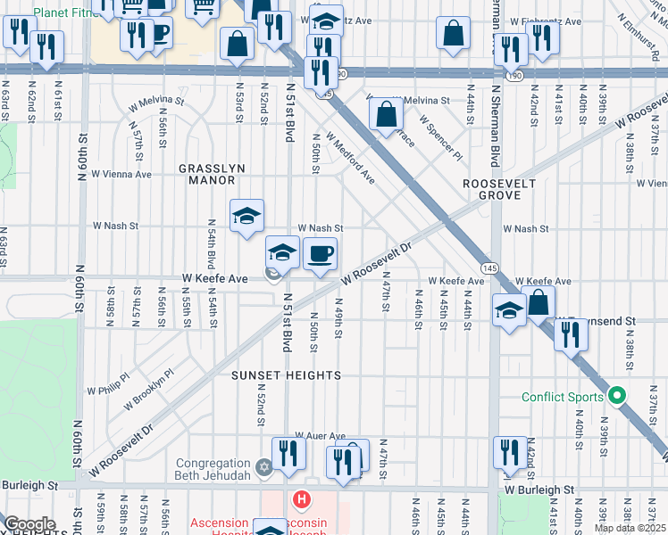 map of restaurants, bars, coffee shops, grocery stores, and more near 3519 North 49th Street in Milwaukee