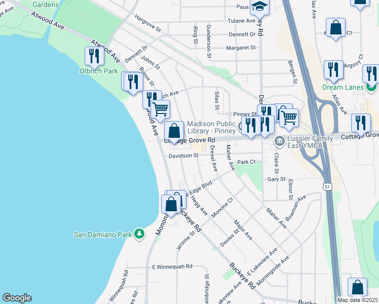 map of restaurants, bars, coffee shops, grocery stores, and more near 219 Cottage Grove Road in Madison