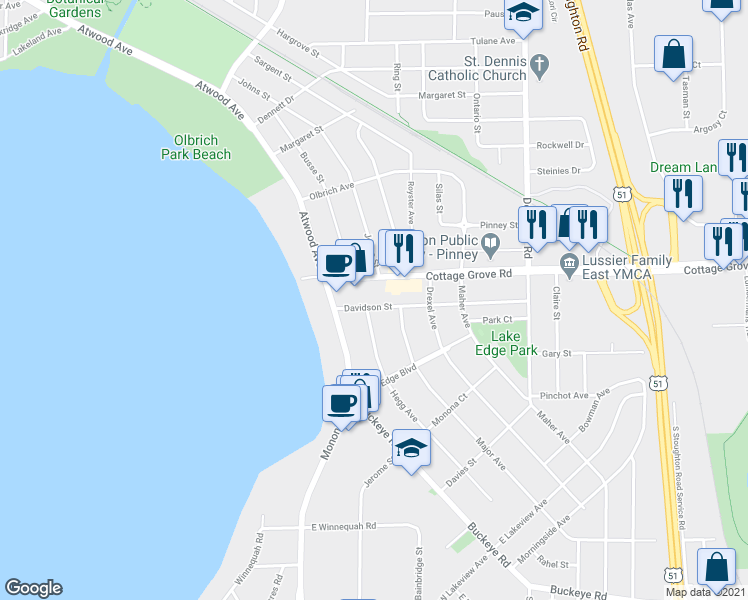map of restaurants, bars, coffee shops, grocery stores, and more near 108 Davidson Street in Madison