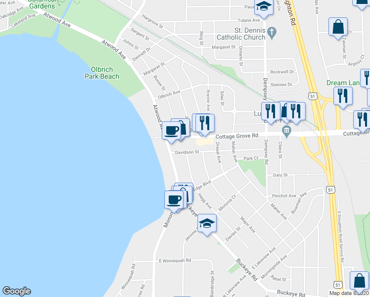 map of restaurants, bars, coffee shops, grocery stores, and more near 108 Davidson Street in Madison