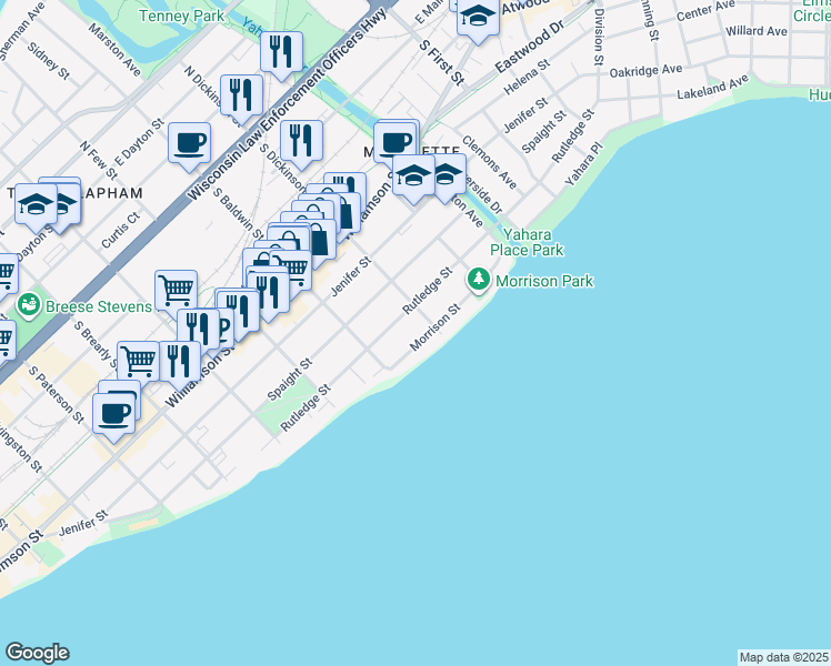 map of restaurants, bars, coffee shops, grocery stores, and more near 1344 Morrison Street in Madison