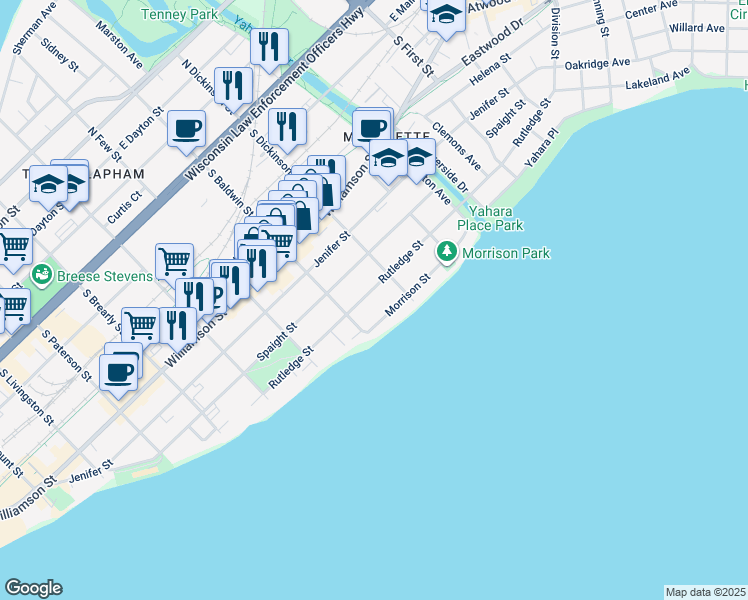 map of restaurants, bars, coffee shops, grocery stores, and more near 1316 Rutledge Street in Madison