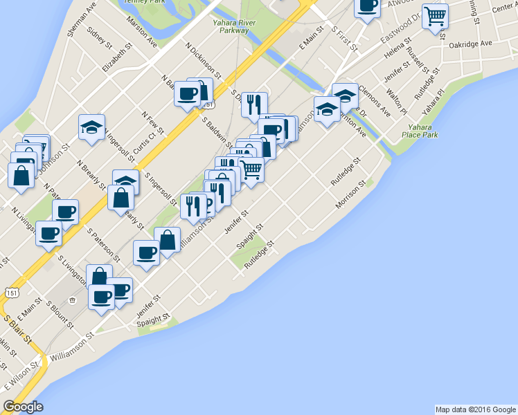 map of restaurants, bars, coffee shops, grocery stores, and more near 1223 Jenifer Street in Madison