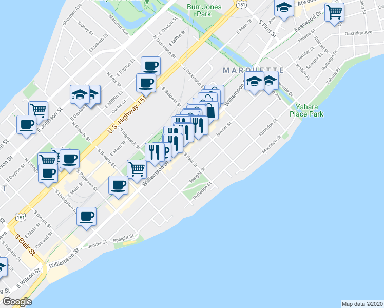 map of restaurants, bars, coffee shops, grocery stores, and more near 405 South Few Street in Madison