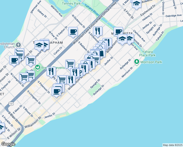 map of restaurants, bars, coffee shops, grocery stores, and more near 405 South Few Street in Madison