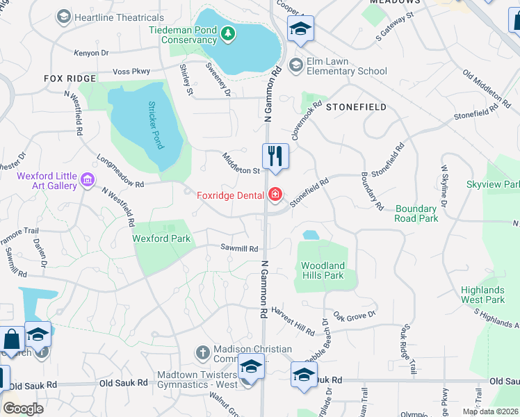 map of restaurants, bars, coffee shops, grocery stores, and more near 1001 North Gammon Road in Middleton