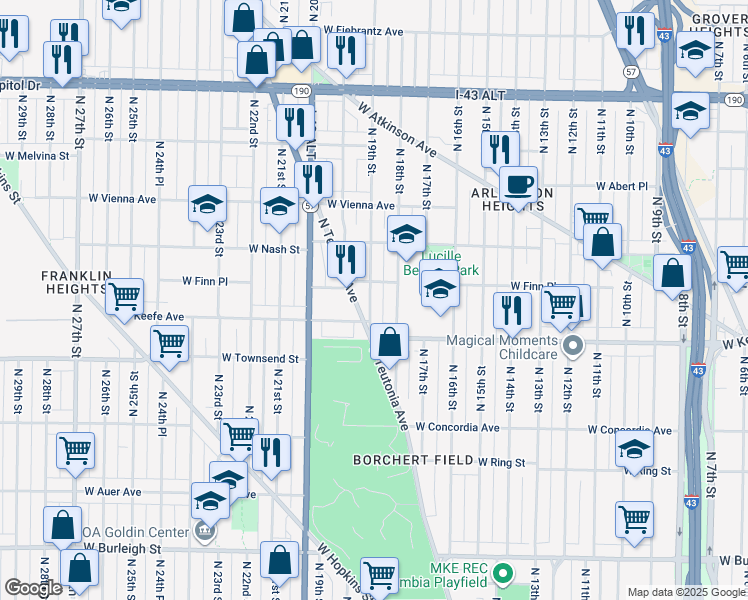 map of restaurants, bars, coffee shops, grocery stores, and more near 3556 North 19th Street in Milwaukee