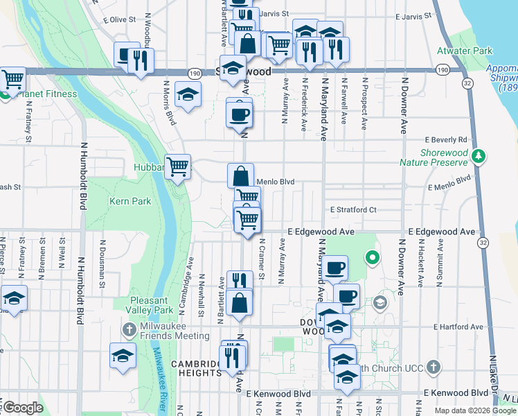 map of restaurants, bars, coffee shops, grocery stores, and more near 3533 North Cramer Street in Shorewood