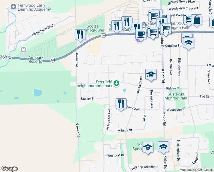 map of restaurants, bars, coffee shops, grocery stores, and more near 6333 Saint Michael Avenue in Niagara Falls