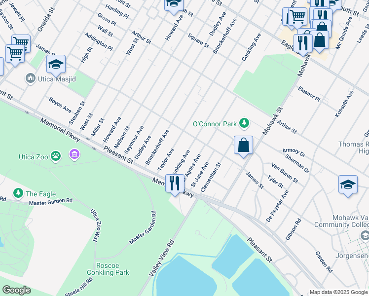 map of restaurants, bars, coffee shops, grocery stores, and more near 1622 Conkling Ave in Utica