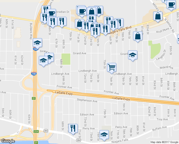 map of restaurants, bars, coffee shops, grocery stores, and more near 482 73rd Street in Niagara Falls