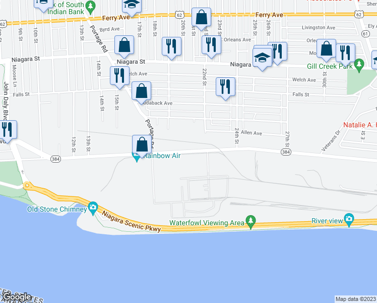 map of restaurants, bars, coffee shops, grocery stores, and more near 2051 Buffalo Avenue in Niagara Falls
