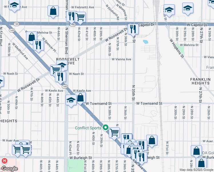 map of restaurants, bars, coffee shops, grocery stores, and more near 3519 North 38th Street in Milwaukee