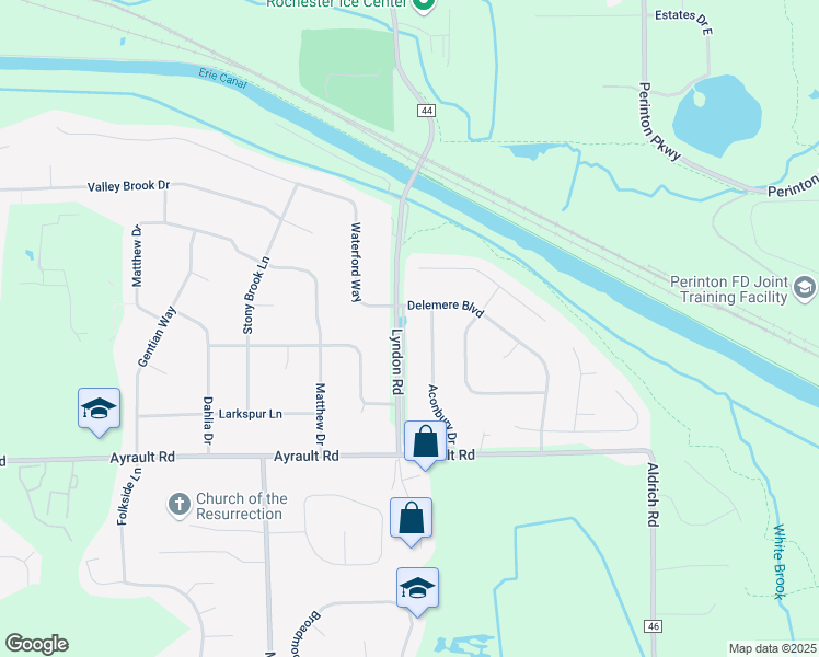 map of restaurants, bars, coffee shops, grocery stores, and more near 6 Otterden Lane in Fairport