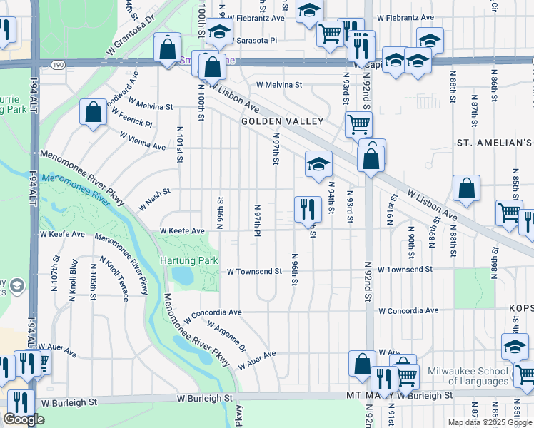 map of restaurants, bars, coffee shops, grocery stores, and more near 3529 North 97th Street in Milwaukee
