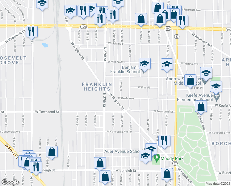 map of restaurants, bars, coffee shops, grocery stores, and more near 3520 North 26th Street in Milwaukee