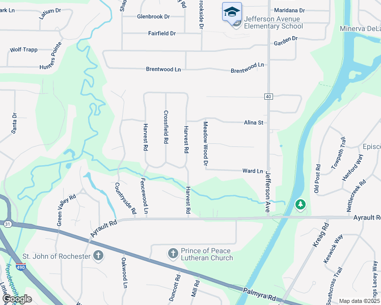 map of restaurants, bars, coffee shops, grocery stores, and more near 23 Harvest Road in Fairport