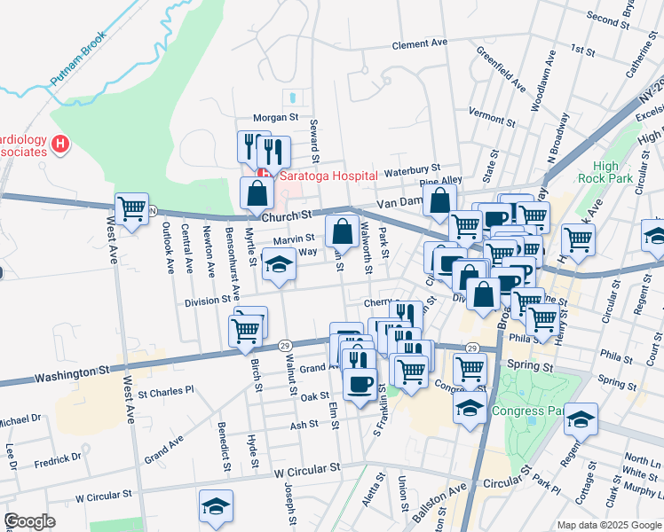map of restaurants, bars, coffee shops, grocery stores, and more near 183 Beekman Street in Saratoga Springs