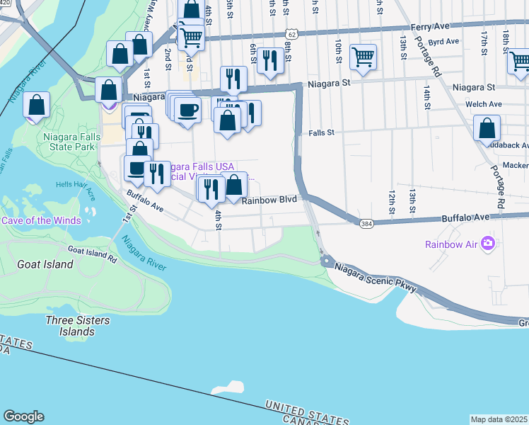 map of restaurants, bars, coffee shops, grocery stores, and more near 121 6th Street in Niagara Falls