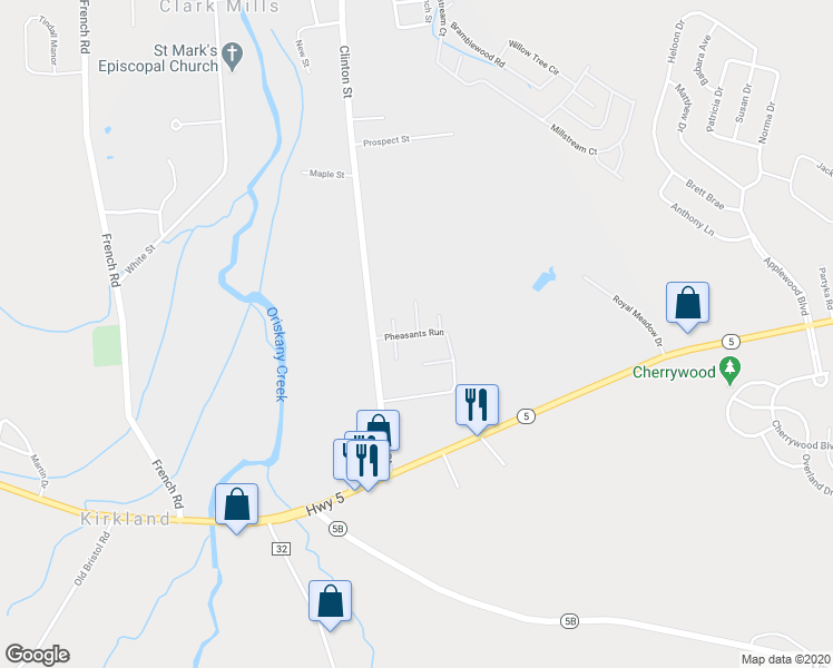 map of restaurants, bars, coffee shops, grocery stores, and more near 122 Pheasants Run in Clinton