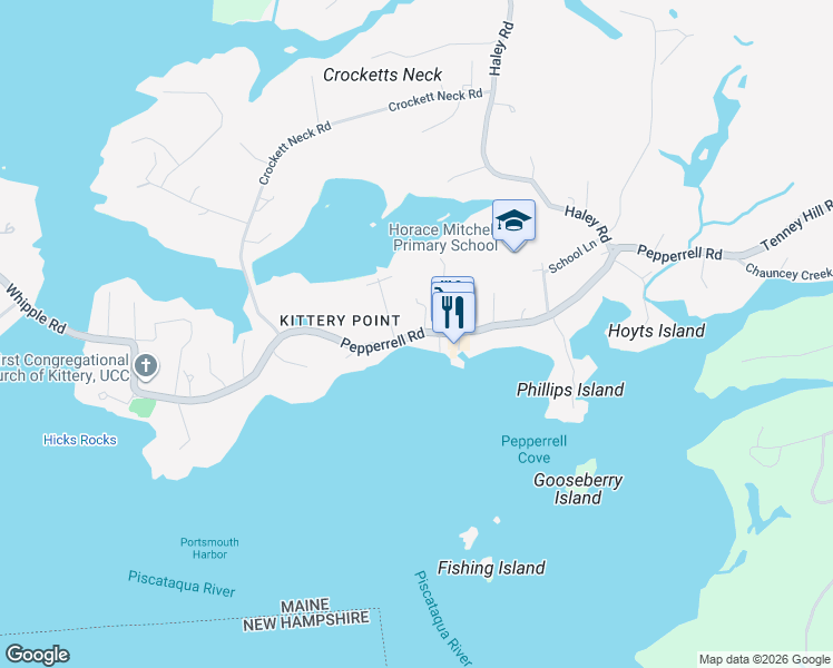 map of restaurants, bars, coffee shops, grocery stores, and more near Pepperrell Road in Kittery