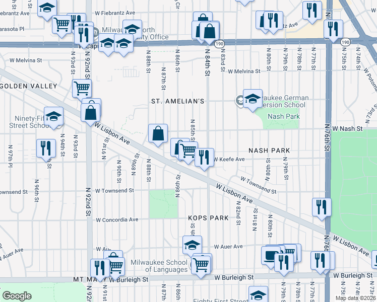 map of restaurants, bars, coffee shops, grocery stores, and more near 3522 North 85th Street in Milwaukee