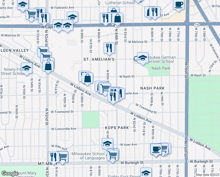 map of restaurants, bars, coffee shops, grocery stores, and more near 3522 North 85th Street in Milwaukee