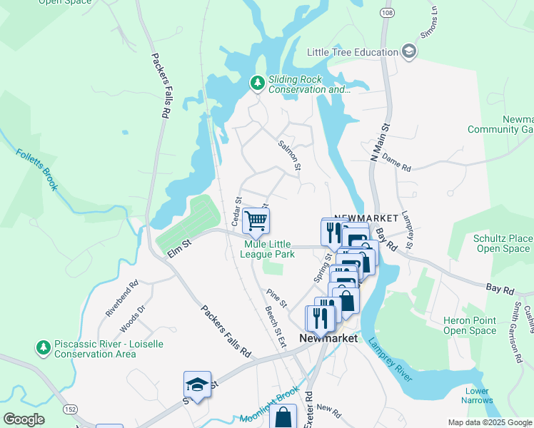 map of restaurants, bars, coffee shops, grocery stores, and more near 19 Beech Street in Newmarket