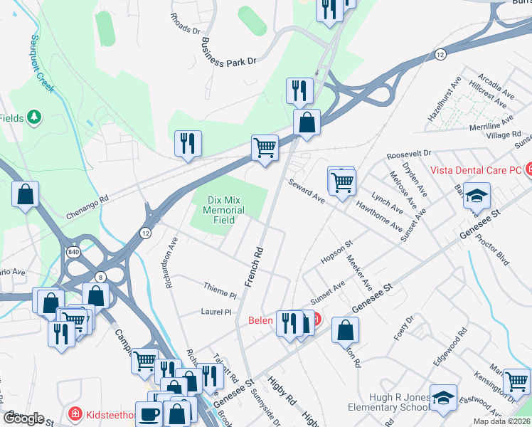 map of restaurants, bars, coffee shops, grocery stores, and more near 433 French Rd in Utica