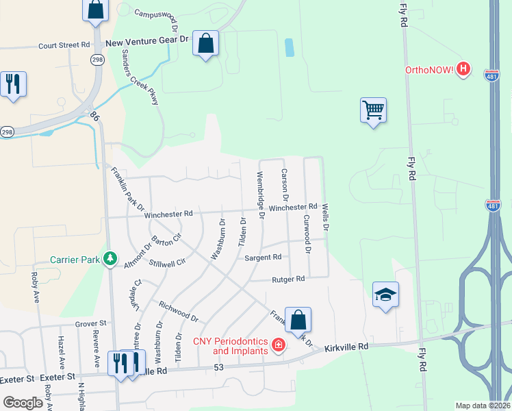 map of restaurants, bars, coffee shops, grocery stores, and more near 703 Winchester Road in East Syracuse