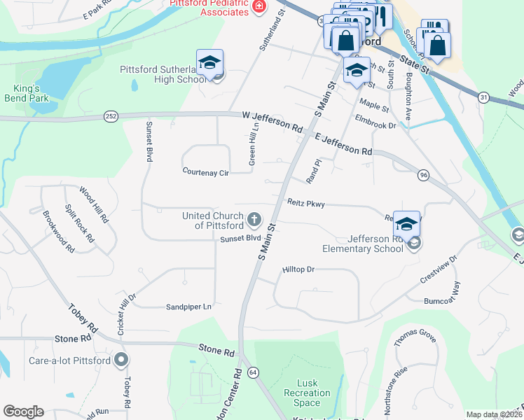 map of restaurants, bars, coffee shops, grocery stores, and more near 6 Spruce Lane in Pittsford