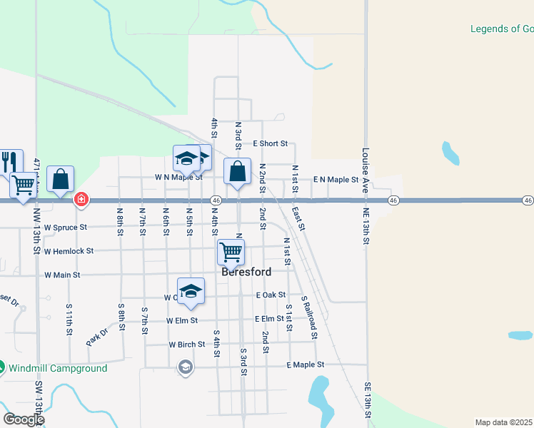 map of restaurants, bars, coffee shops, grocery stores, and more near 304 North 2nd Street in Beresford