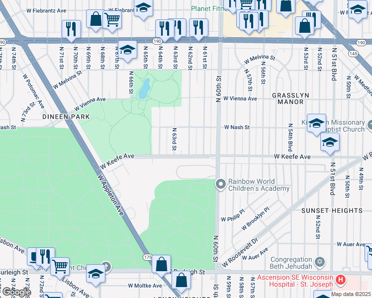 map of restaurants, bars, coffee shops, grocery stores, and more near 3511 North 62nd Street in Milwaukee