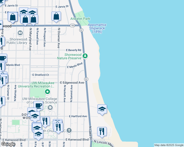 map of restaurants, bars, coffee shops, grocery stores, and more near 3534 North Lake Drive in Shorewood