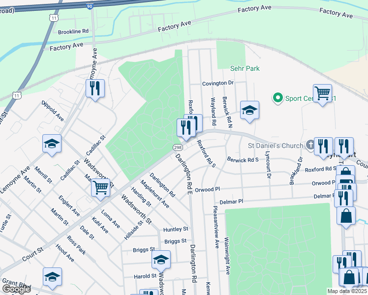 map of restaurants, bars, coffee shops, grocery stores, and more near 2320 Court Street in Syracuse