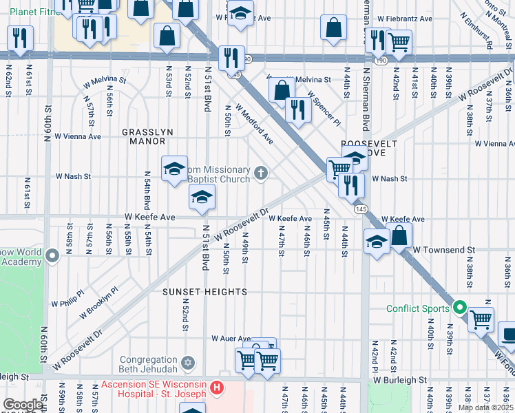 map of restaurants, bars, coffee shops, grocery stores, and more near 3504 North 48th Street in Milwaukee