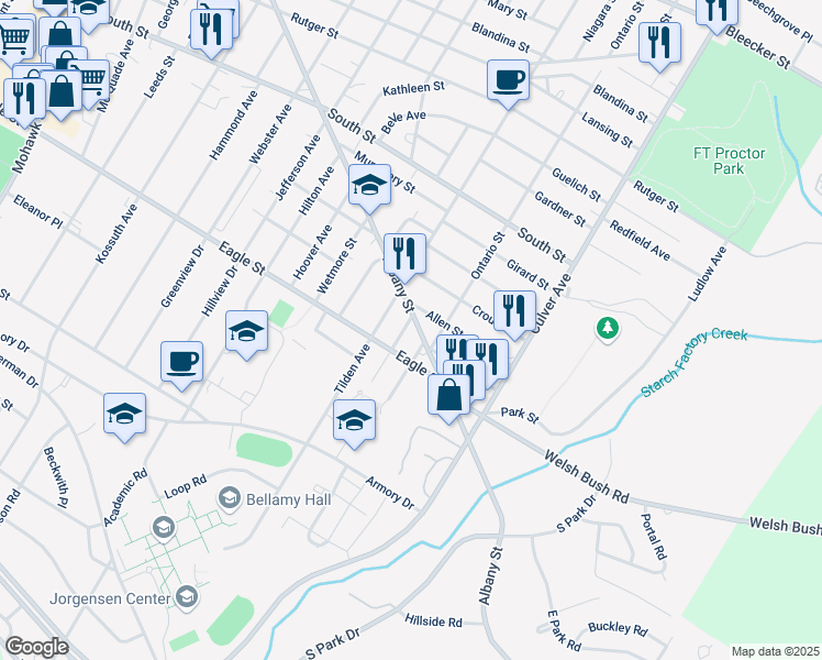 map of restaurants, bars, coffee shops, grocery stores, and more near 1101 Kiniry Street in Utica